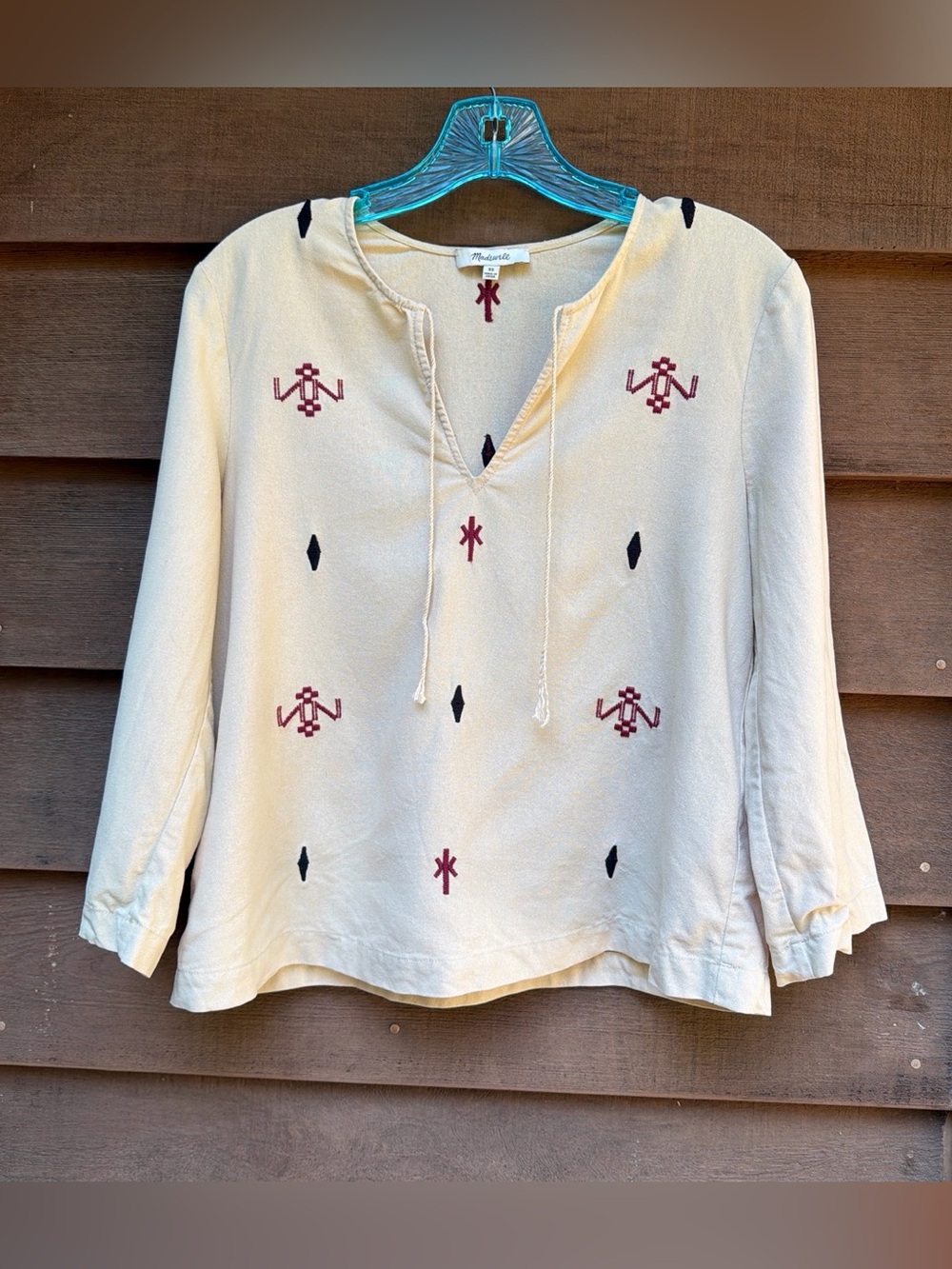 Madewell Beige Embroidered Long Sleeve Silk Top‎ XS